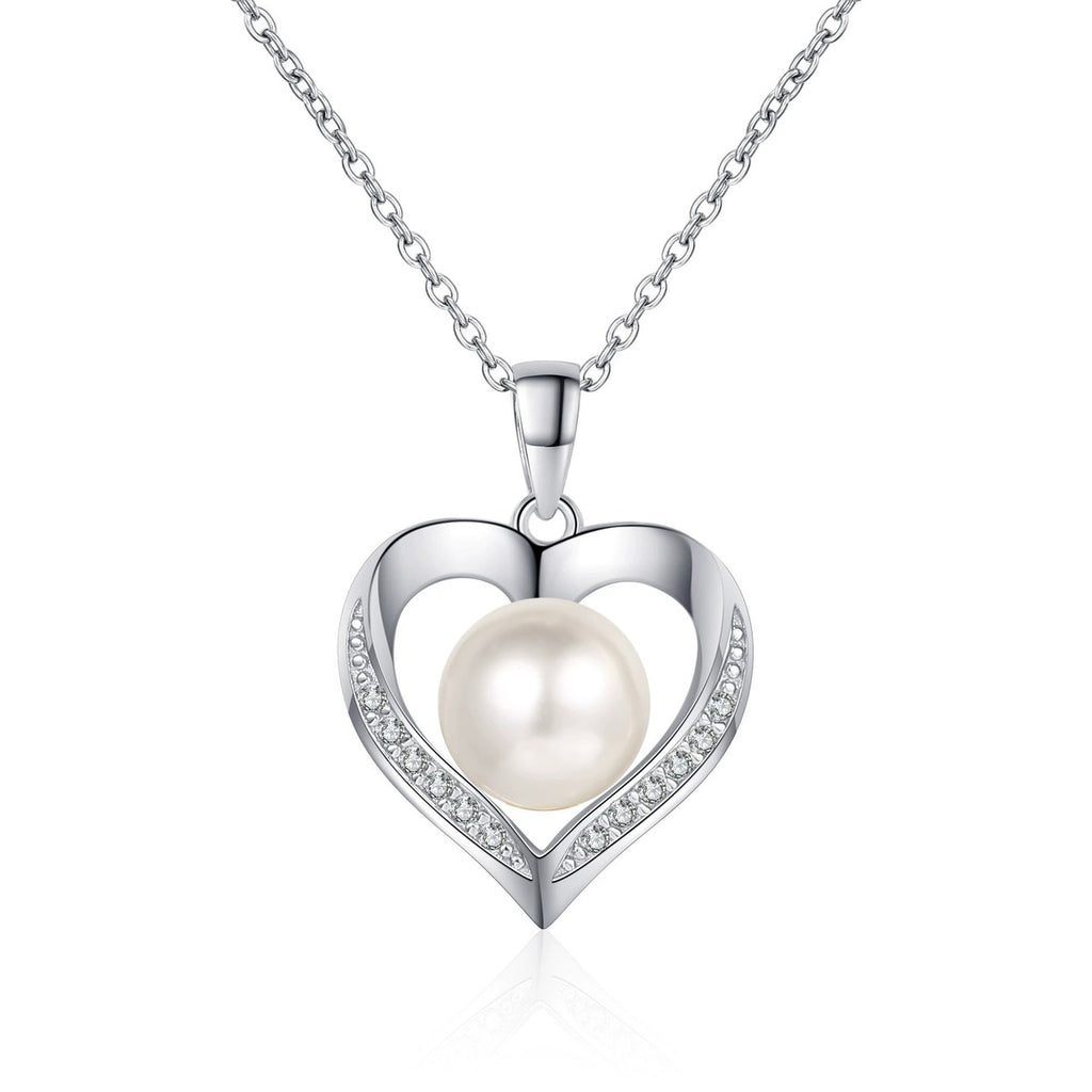 Heart Moissanite Pearl Pendant Necklace in Rhodium-Plated S925 sterling silver white background product photo showing heart-shaped pendant with small round moissanite and a button-shape pearl
