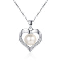 Heart Moissanite Pearl Pendant Necklace in Rhodium-Plated S925 sterling silver white background product photo showing heart-shaped pendant with small round moissanite and a button-shape pearl