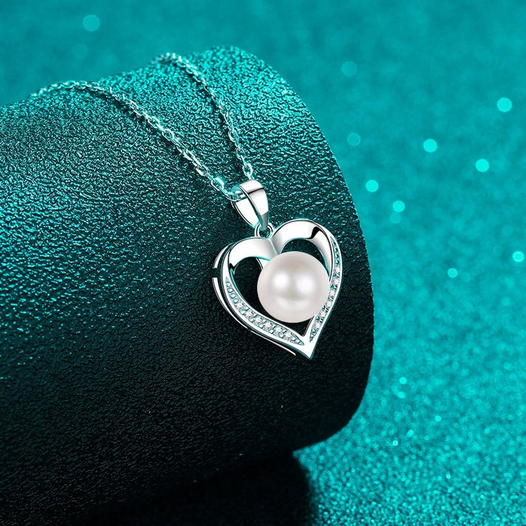 Heart Moissanite Pearl Pendant Necklace in Rhodium-Plated S925 sterling silver angled product detail view