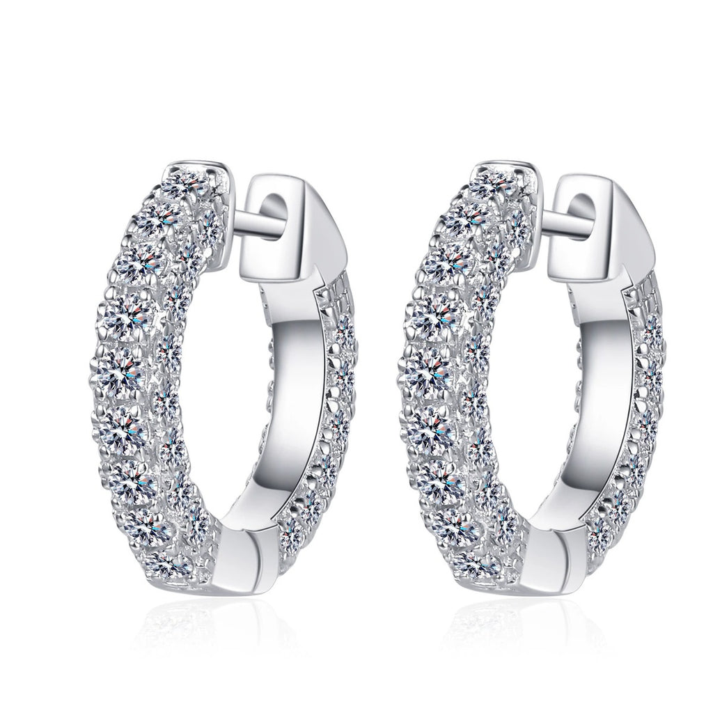 Wide Pave Moissanite Hoop Earrings in Rhodium-Plated S925 sterling silver white background product photo showing the pair, stone shape, and hoop earrings silhouette