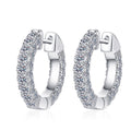 Wide Pave Moissanite Hoop Earrings in Rhodium-Plated S925 sterling silver white background product photo showing the pair, stone shape, and hoop earrings silhouette