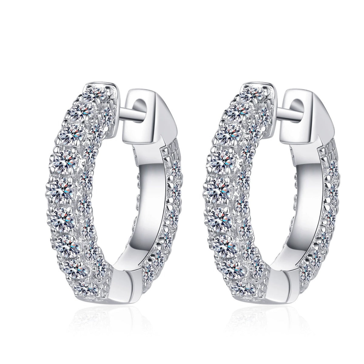 Wide Pave Moissanite Hoop Earrings in Rhodium-Plated S925 sterling silver white background product photo showing the pair, stone shape, and hoop earrings silhouette