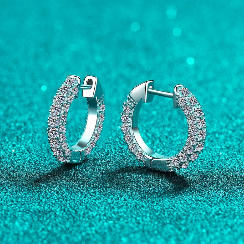 Wide Pave Moissanite Hoop Earrings in Rhodium-Plated S925 sterling silver product scene view showing angled setting detail