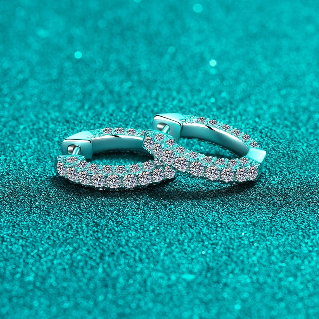Wide Pave Moissanite Hoop Earrings in Rhodium-Plated S925 sterling silver product scene view showing side profile