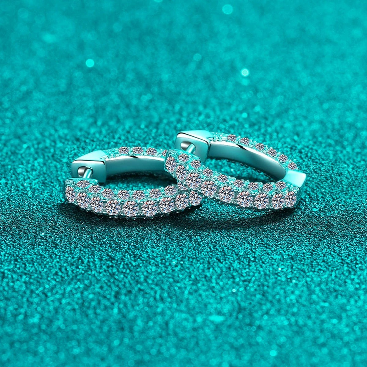 Wide Pave Moissanite Hoop Earrings in Rhodium-Plated S925 sterling silver product scene view showing side profile