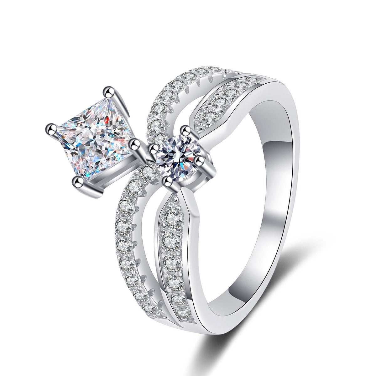 Radiant and Round Moissanite Ring with CZ in rhodium-plated S925 sterling silver on clean white background