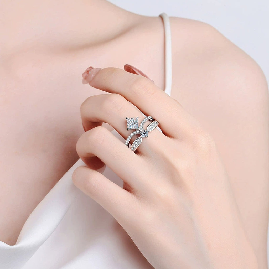 Radiant and Round Moissanite Ring with CZ worn on hand to show scale and ring profile