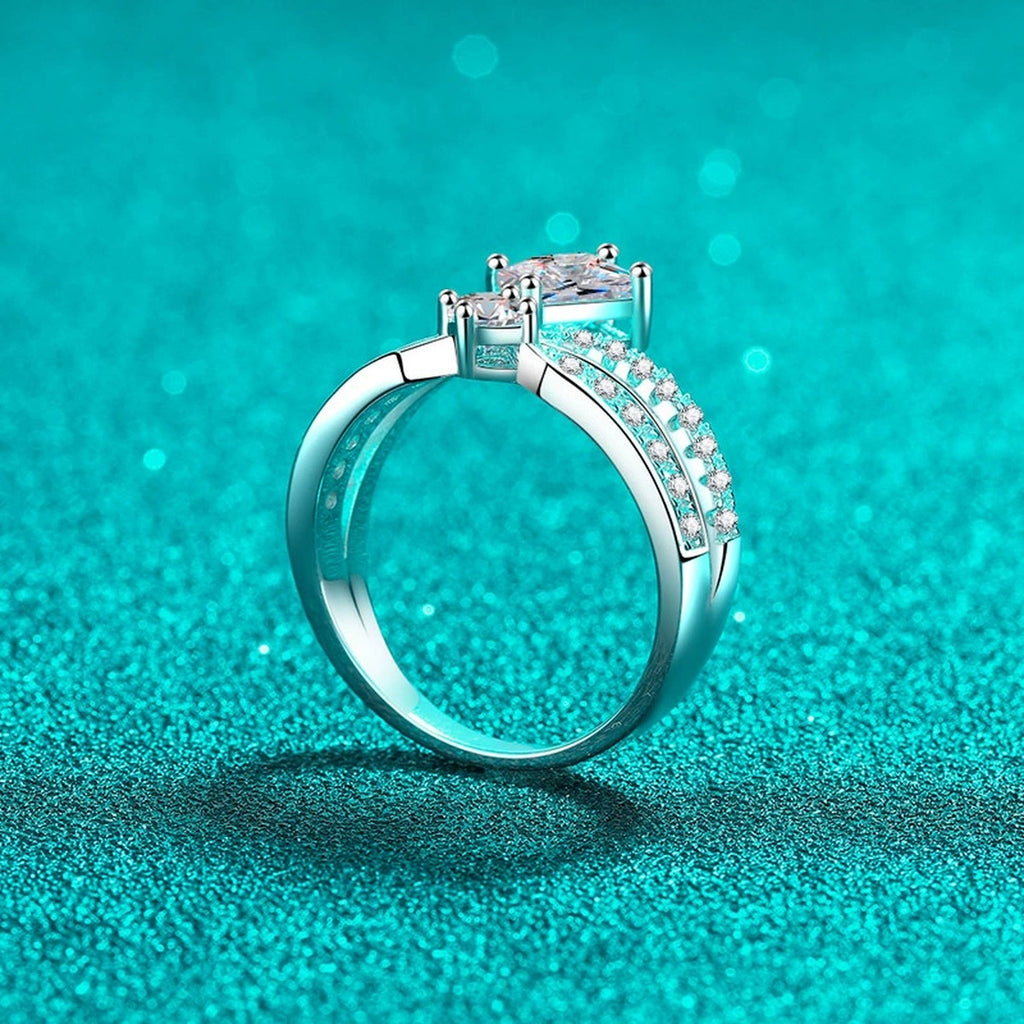 Radiant and Round Moissanite Ring with CZ product view showing moissanite setting and rhodium finish
