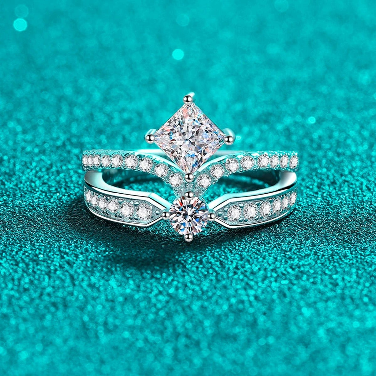 Radiant and Round Moissanite Ring with CZ product view showing moissanite setting and rhodium finish