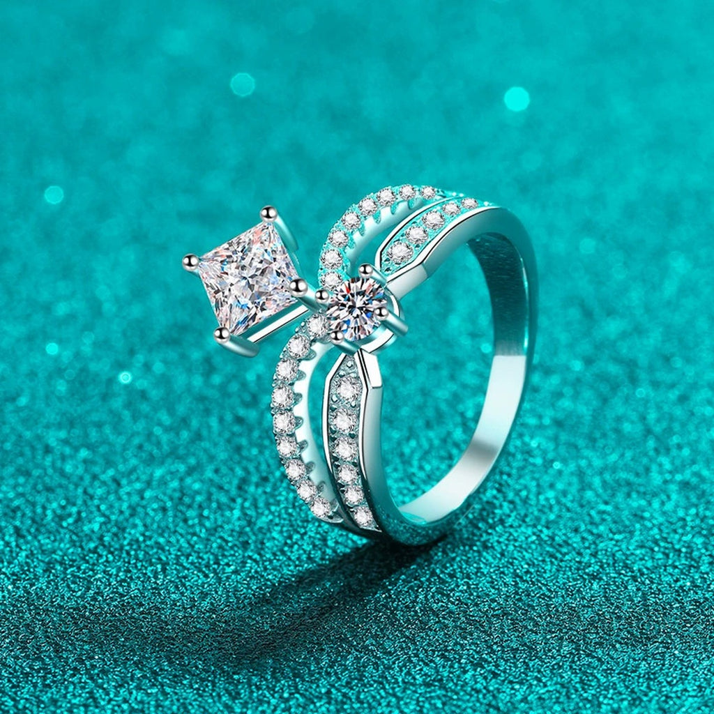 Radiant and Round Moissanite Ring with CZ product view showing moissanite setting and rhodium finish