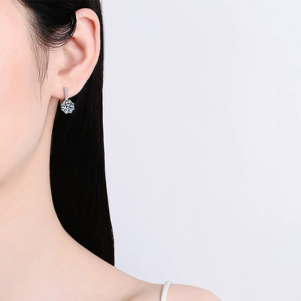 Round Moissanite Hoop Drop Earrings with CZ in Rhodium-Plated S925 sterling silver worn on ear by model showing scale, placement, and hoop drop earrings styling