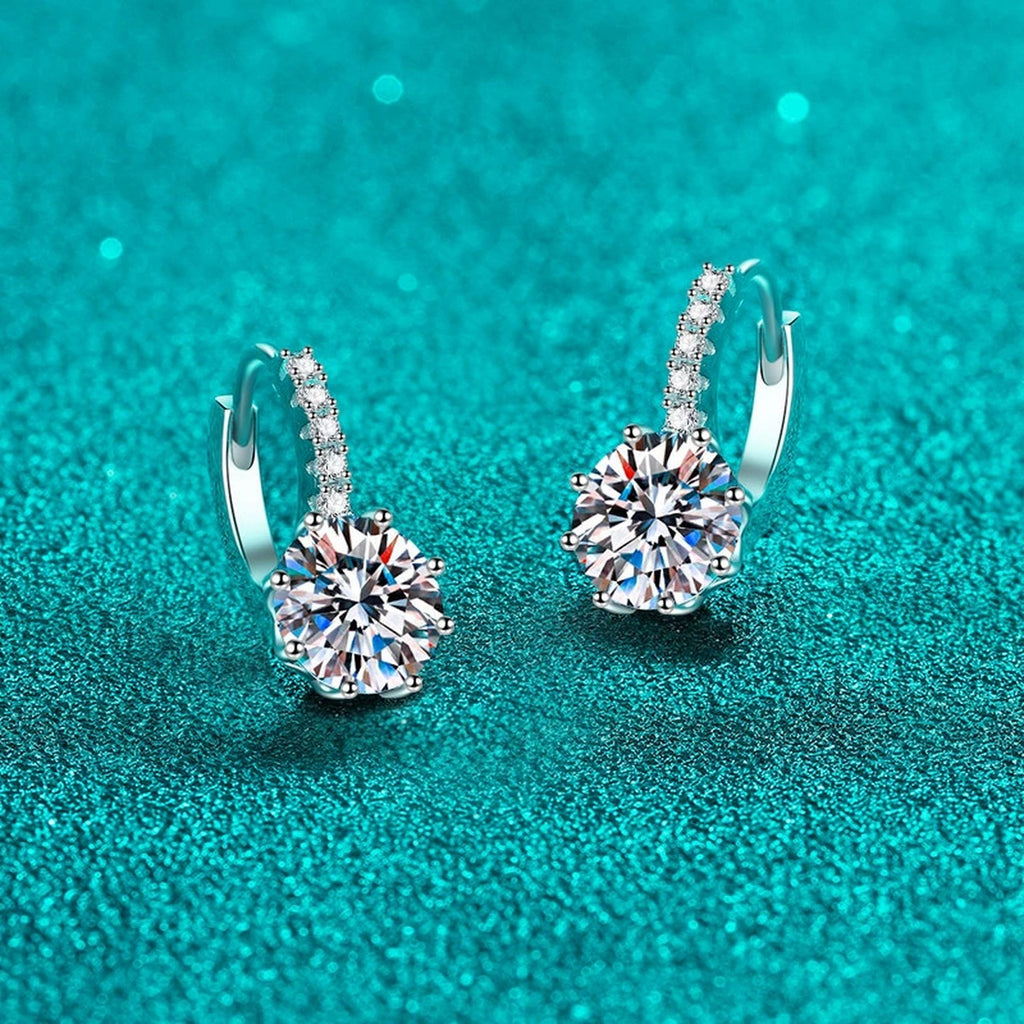 Round Moissanite Hoop Drop Earrings with CZ in Rhodium-Plated S925 sterling silver product scene view showing front sparkle