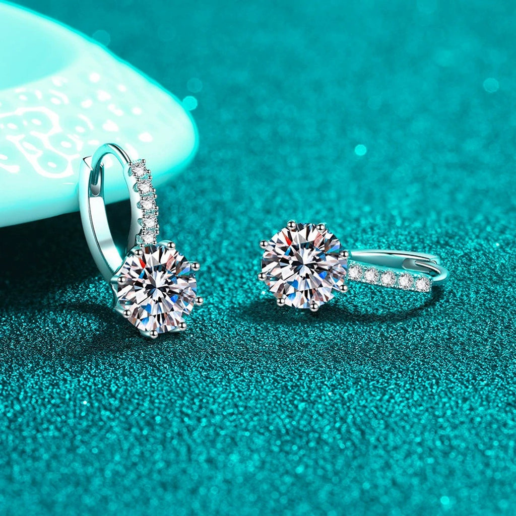 Round Moissanite Hoop Drop Earrings with CZ in Rhodium-Plated S925 sterling silver product scene view showing angled setting detail