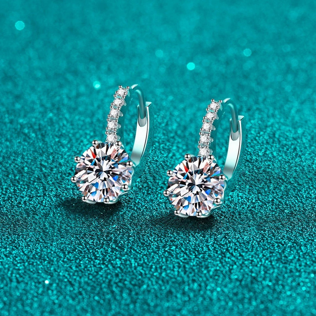 Round Moissanite Hoop Drop Earrings with CZ in Rhodium-Plated S925 sterling silver product scene view showing side profile