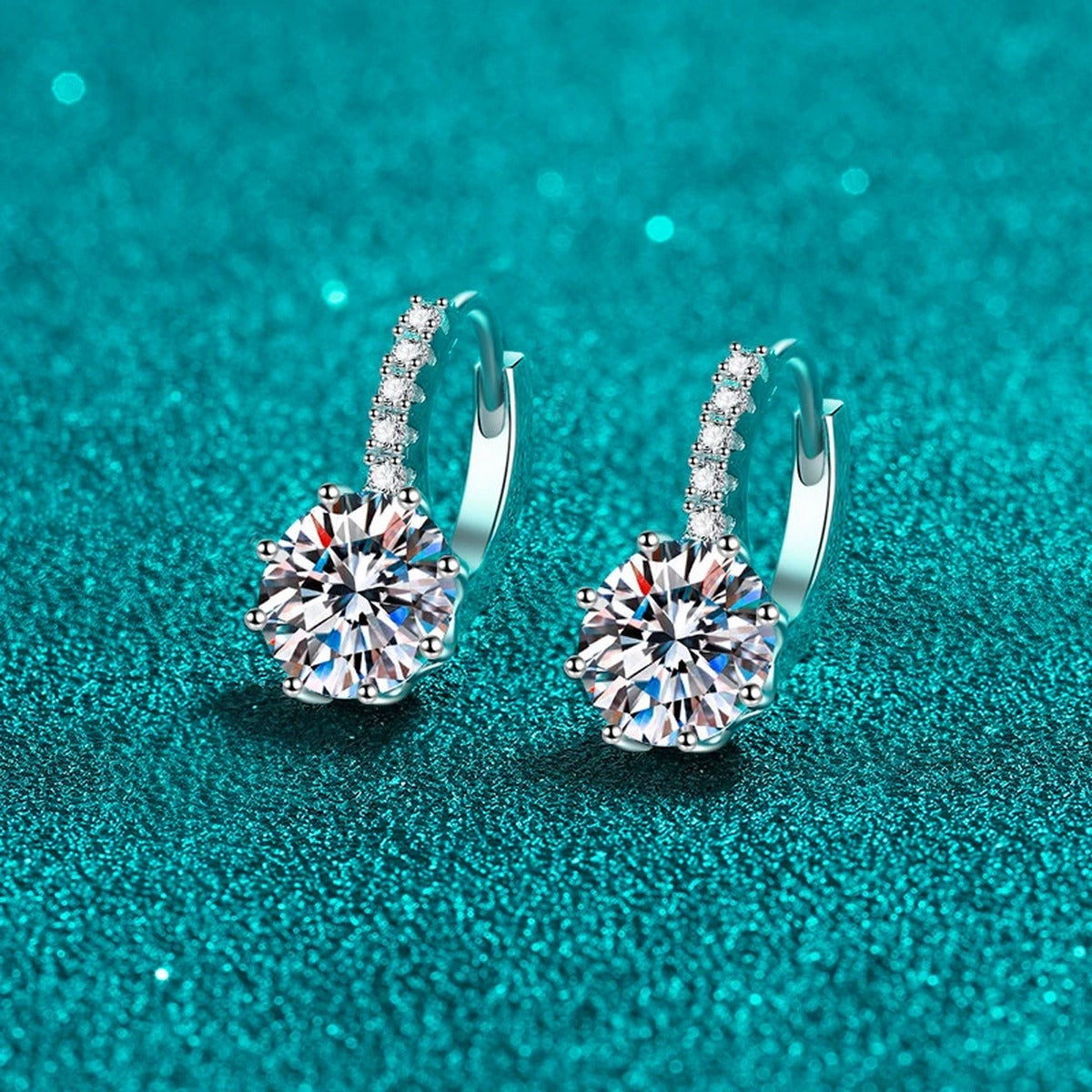 Round Moissanite Hoop Drop Earrings with CZ in Rhodium-Plated S925 sterling silver product scene view showing side profile