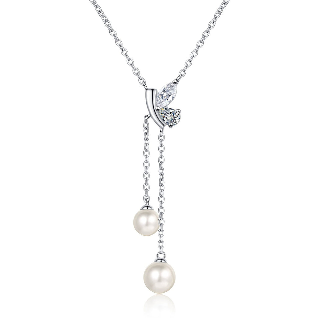 Mixed Cut Moissanite Pearl Lariat Necklace in Rhodium-Plated S925 sterling silver white background product photo showing lariat-style pendant with pear, marquise, round moissanite and twin pearls