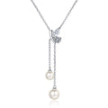 Mixed Cut Moissanite Pearl Lariat Necklace in Rhodium-Plated S925 sterling silver white background product photo showing lariat-style pendant with pear, marquise, round moissanite and twin pearls