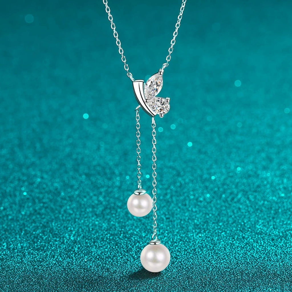 Mixed Cut Moissanite Pearl Lariat Necklace in Rhodium-Plated S925 sterling silver close-up product scene showing pendant setting