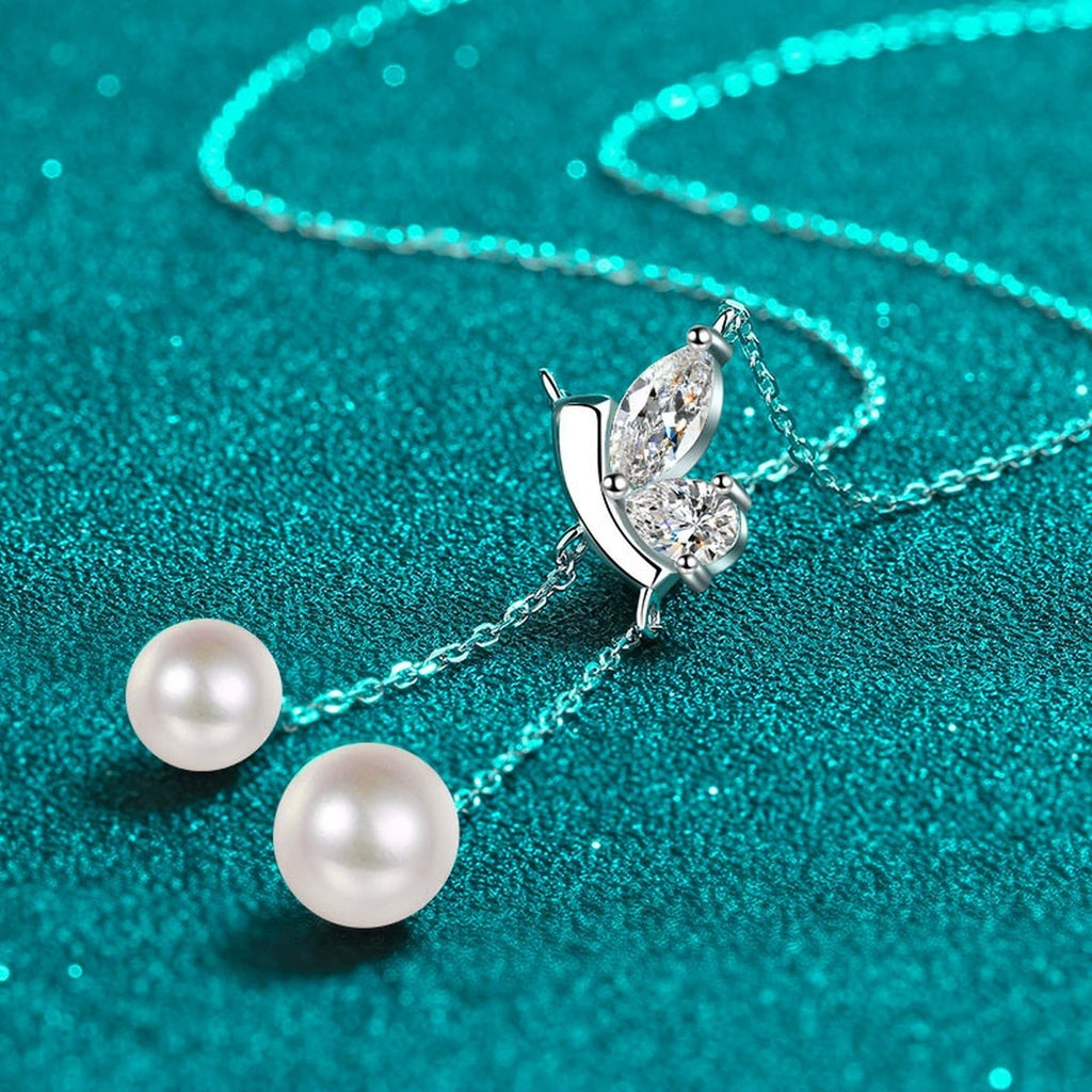 Mixed Cut Moissanite Pearl Lariat Necklace in Rhodium-Plated S925 sterling silver blue display scene showing chain and stone layout