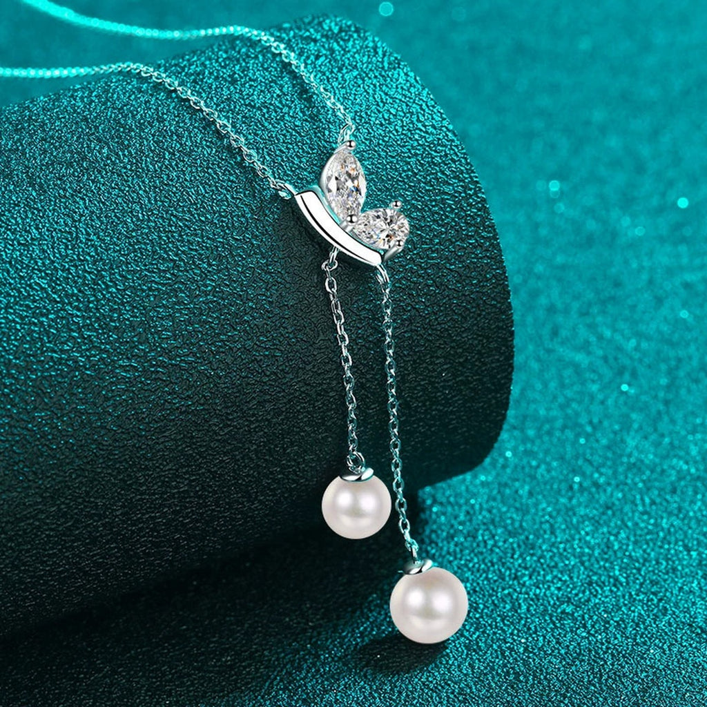 Mixed Cut Moissanite Pearl Lariat Necklace in Rhodium-Plated S925 sterling silver angled product detail view