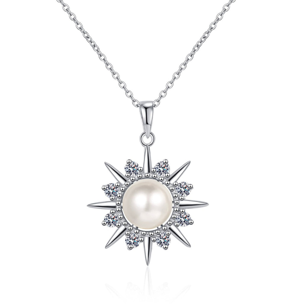 Sunburst Moissanite Pearl Pendant Necklace in Rhodium-Plated S925 sterling silver white background product photo showing sunburst pearl pendant with round moissanite rays