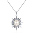 Sunburst Moissanite Pearl Pendant Necklace in Rhodium-Plated S925 sterling silver white background product photo showing sunburst pearl pendant with round moissanite rays