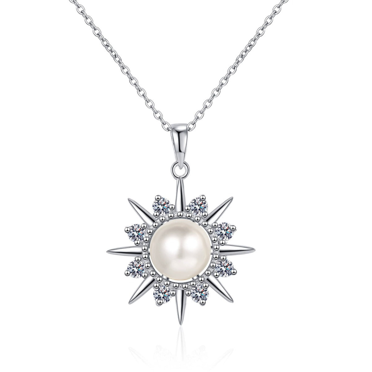 Sunburst Moissanite Pearl Pendant Necklace in Rhodium-Plated S925 sterling silver white background product photo showing sunburst pearl pendant with round moissanite rays