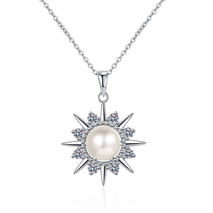 Sunburst Moissanite Pearl Pendant Necklace in Rhodium-Plated S925 sterling silver white background product photo showing sunburst pearl pendant with round moissanite rays