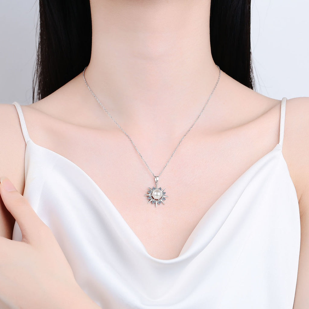 Sunburst Moissanite Pearl Pendant Necklace in Rhodium-Plated S925 sterling silver neckline model view showing pendant scale and adjustable chain