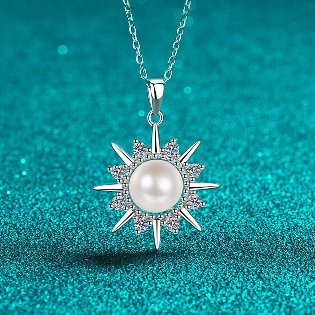 Sunburst Moissanite Pearl Pendant Necklace in Rhodium-Plated S925 sterling silver close-up product scene showing pendant setting