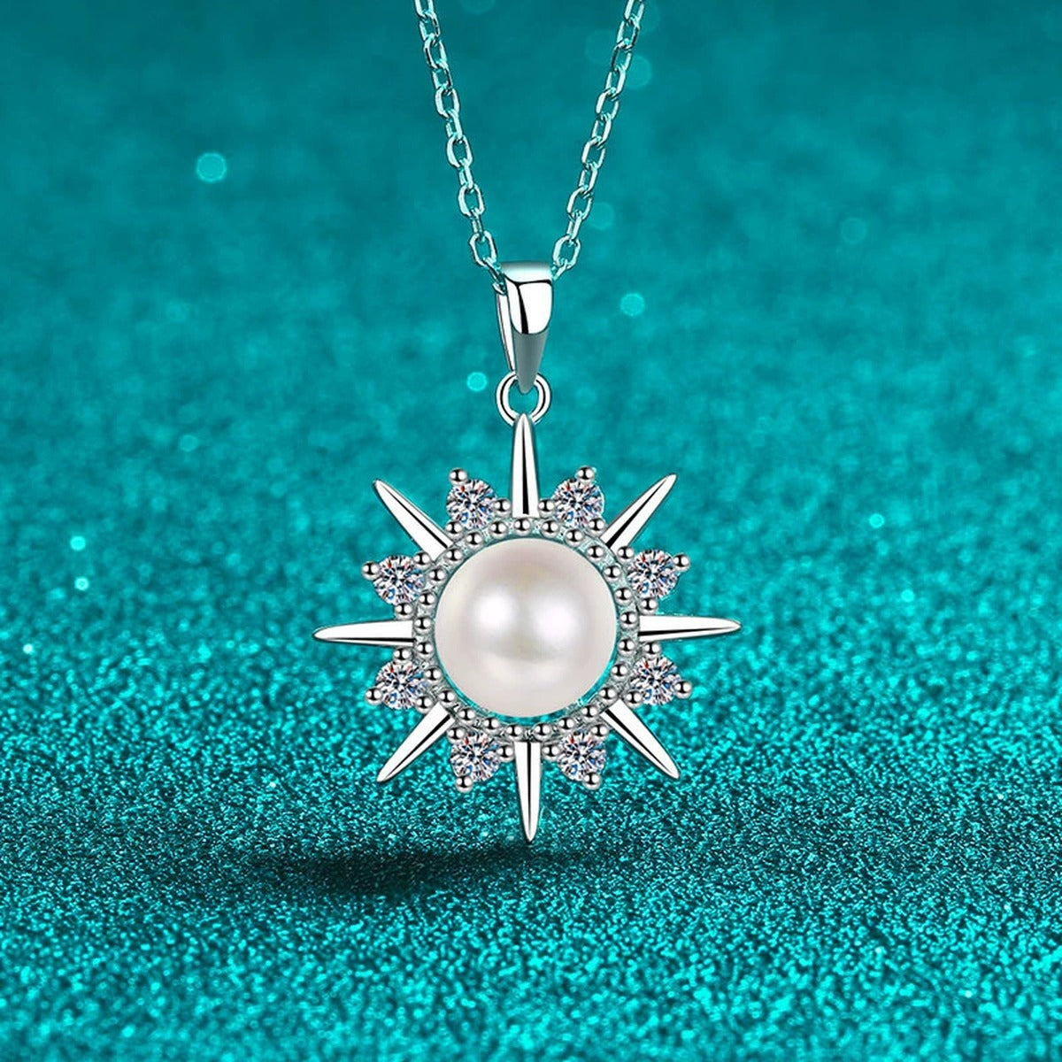 Sunburst Moissanite Pearl Pendant Necklace in Rhodium-Plated S925 sterling silver close-up product scene showing pendant setting