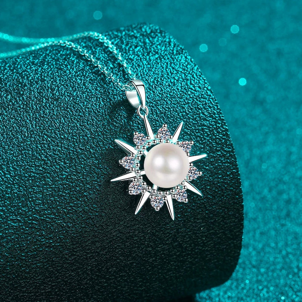 Sunburst Moissanite Pearl Pendant Necklace in Rhodium-Plated S925 sterling silver angled product detail view