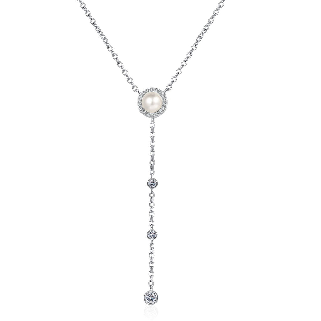Lariat Moissanite Pearl Necklace in Rhodium-Plated S925 sterling silver white background product photo showing linear pearl lariat necklace with graduated round moissanite stations