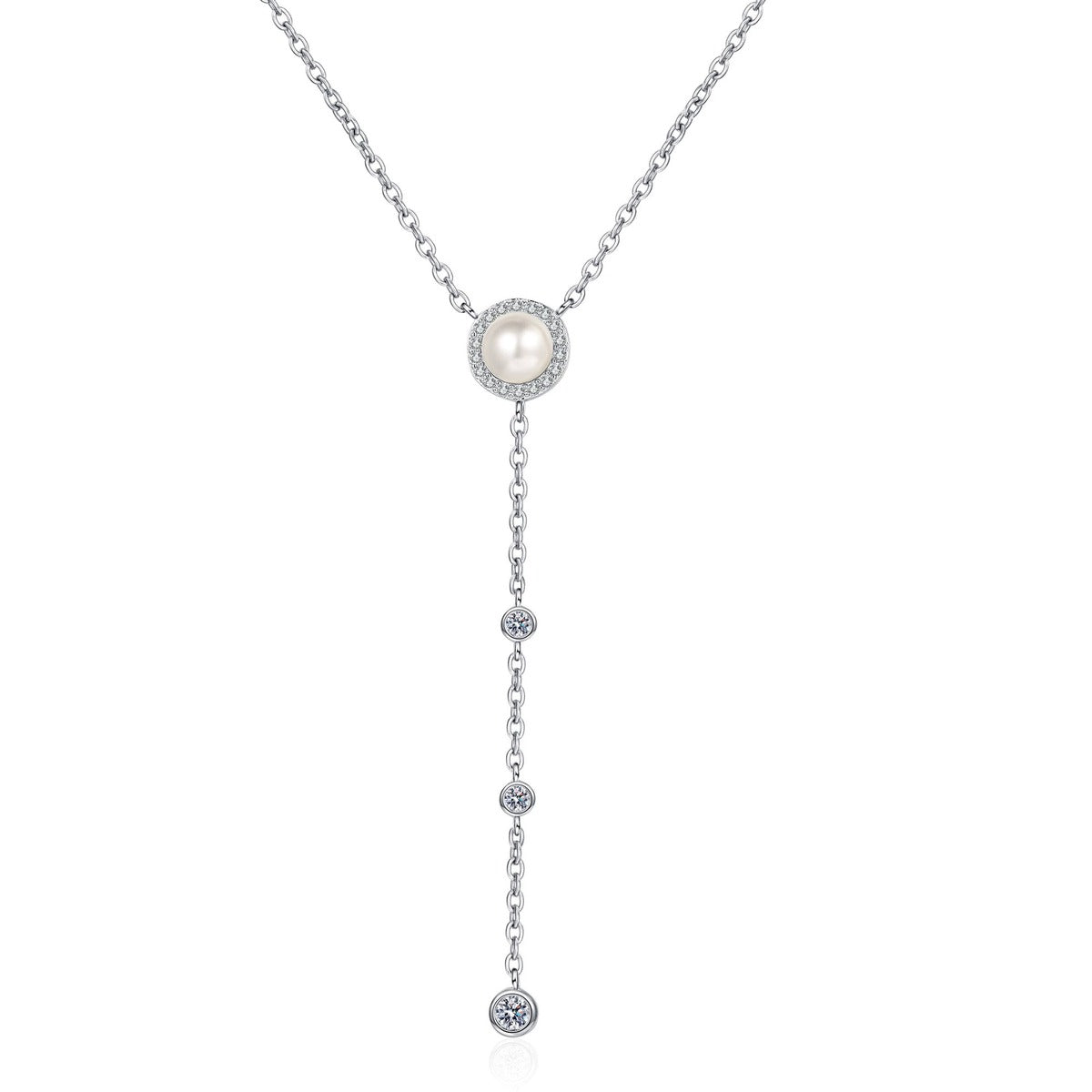 Lariat Moissanite Pearl Necklace in Rhodium-Plated S925 sterling silver white background product photo showing linear pearl lariat necklace with graduated round moissanite stations