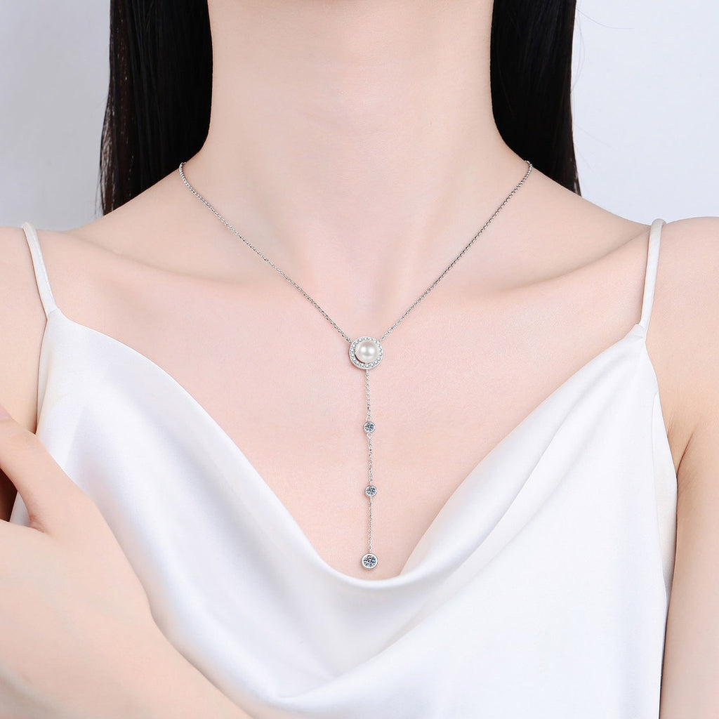 Lariat Moissanite Pearl Necklace in Rhodium-Plated S925 sterling silver neckline model view showing pendant scale and adjustable chain