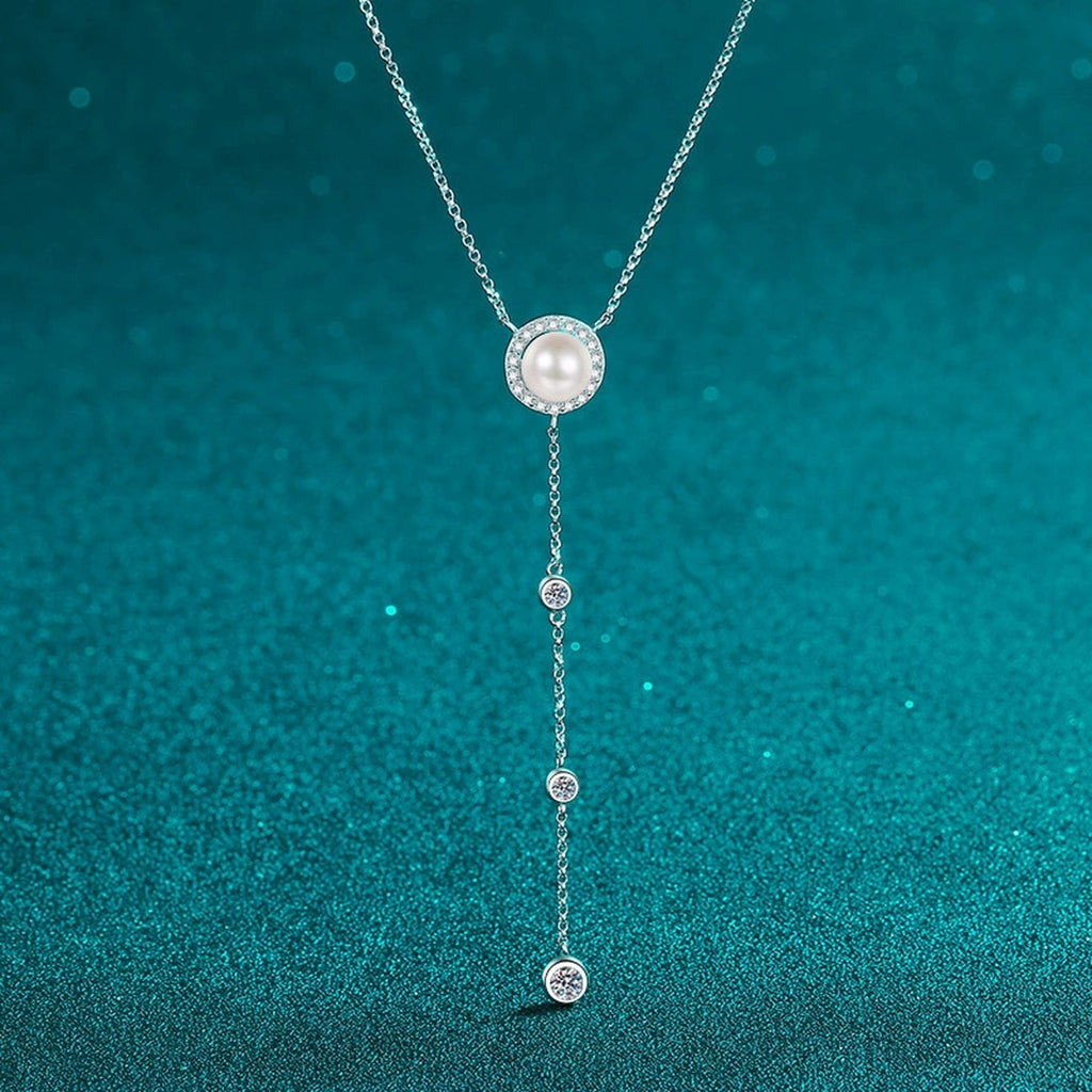 Lariat Moissanite Pearl Necklace in Rhodium-Plated S925 sterling silver close-up product scene showing pendant setting
