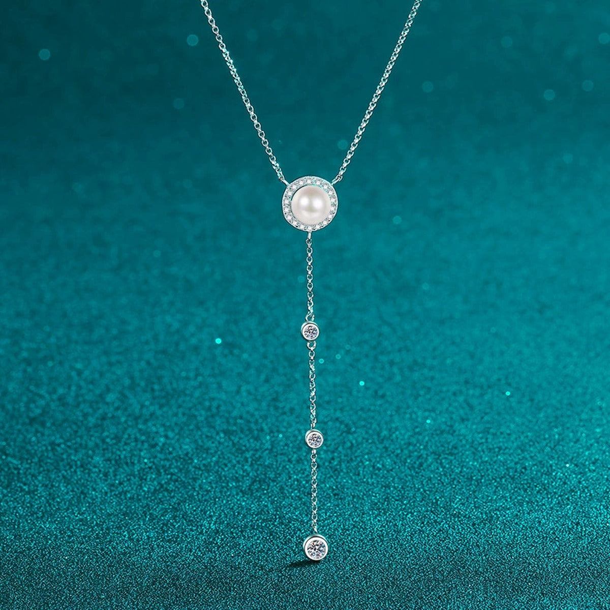 Lariat Moissanite Pearl Necklace in Rhodium-Plated S925 sterling silver close-up product scene showing pendant setting