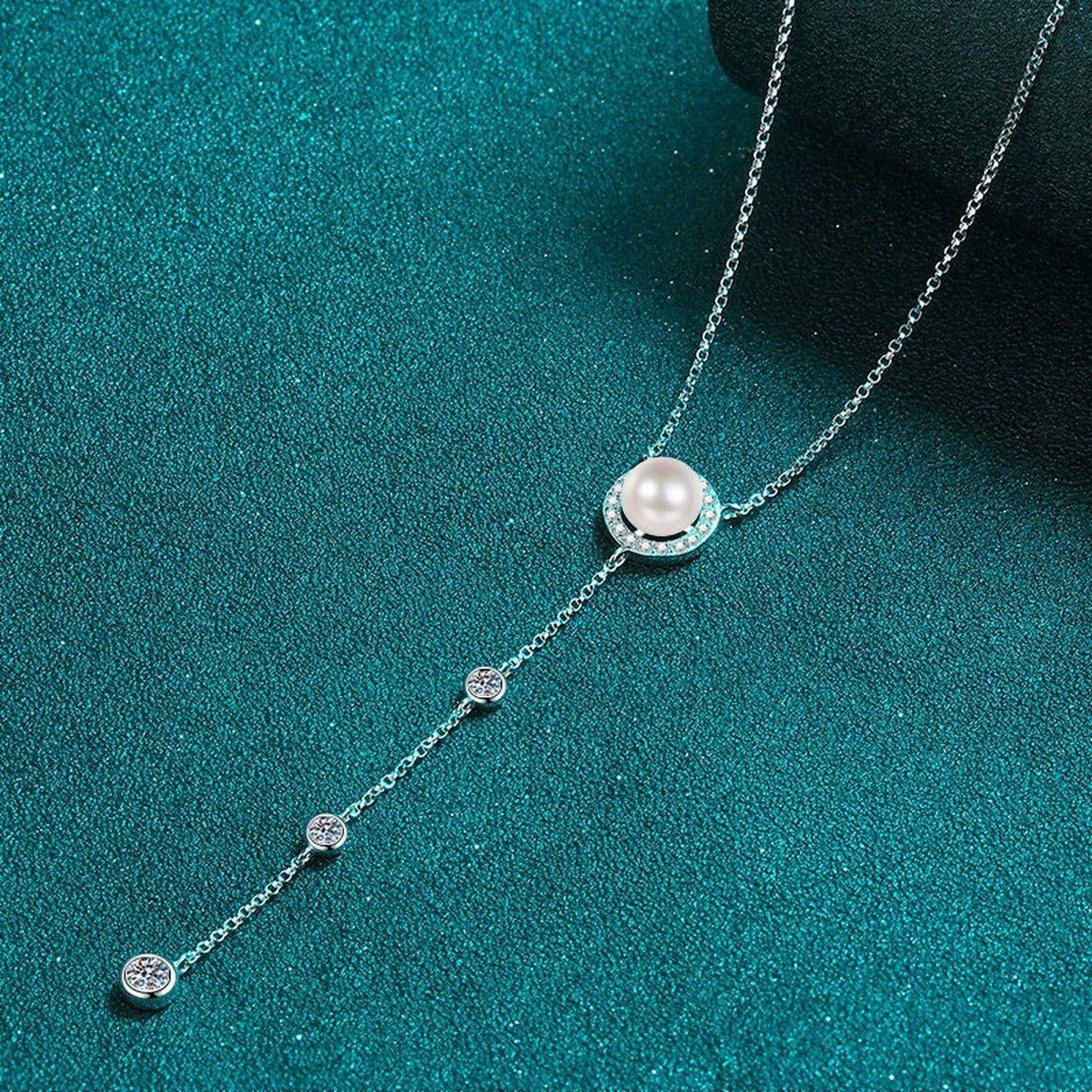 Lariat Moissanite Pearl Necklace in Rhodium-Plated S925 sterling silver angled product detail view
