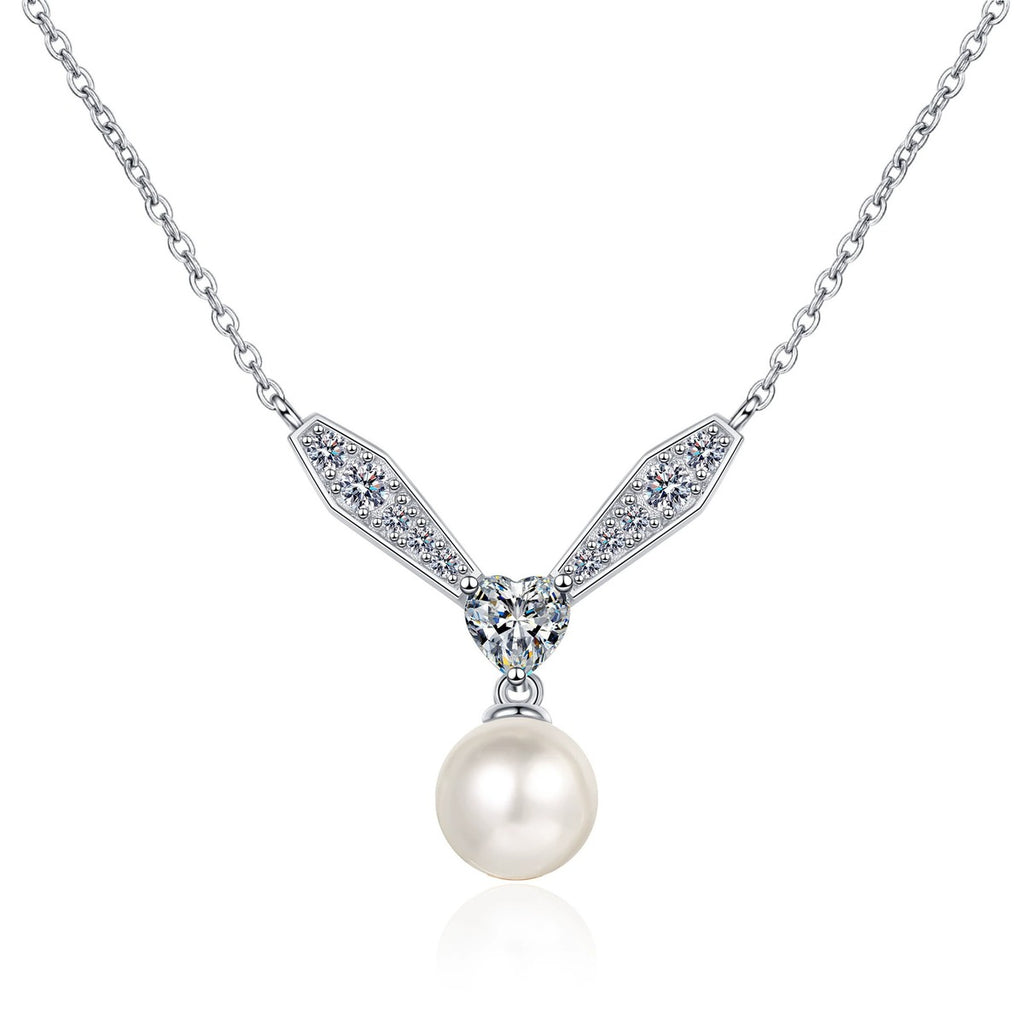 Heart and Leaf Moissanite Pearl Necklace in Rhodium-Plated S925 sterling silver white background product photo showing heart and leaf-inspired moissanite pendant with a near round pearl drop
