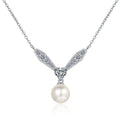 Heart and Leaf Moissanite Pearl Necklace in Rhodium-Plated S925 sterling silver white background product photo showing heart and leaf-inspired moissanite pendant with a near round pearl drop