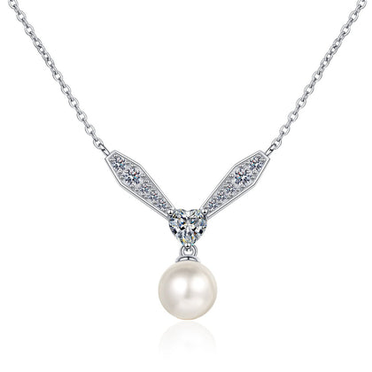Heart and Leaf Moissanite Pearl Necklace in Rhodium-Plated S925 sterling silver white background product photo showing heart and leaf-inspired moissanite pendant with a near round pearl drop