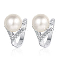 Pearl and Moissanite Huggie Hoop Earrings in Rhodium-Plated S925 sterling silver white background product photo showing the pair, stone shape, and huggie hoop earrings silhouette