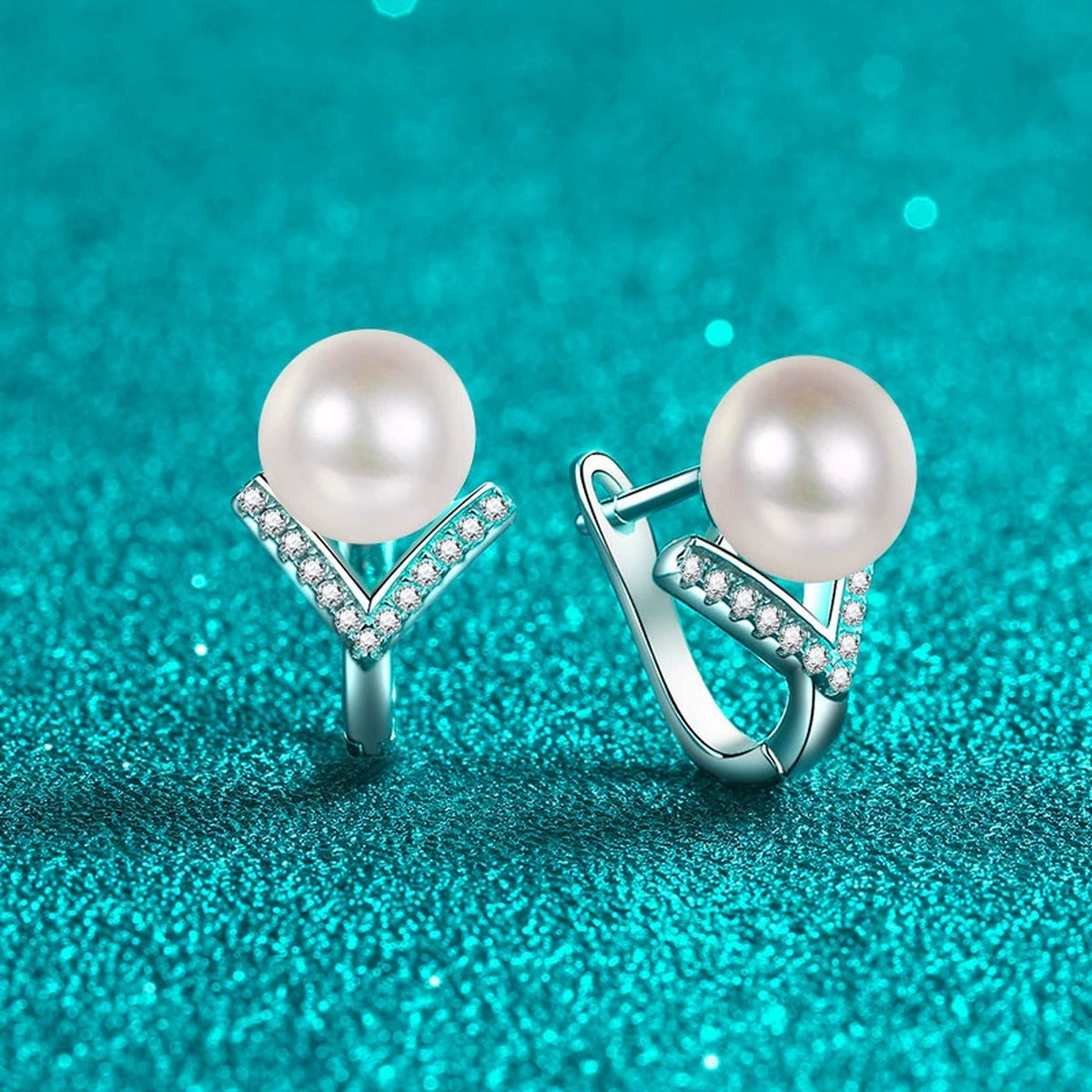 Pearl and Moissanite Huggie Hoop Earrings in Rhodium-Plated S925 sterling silver product scene view showing front sparkle