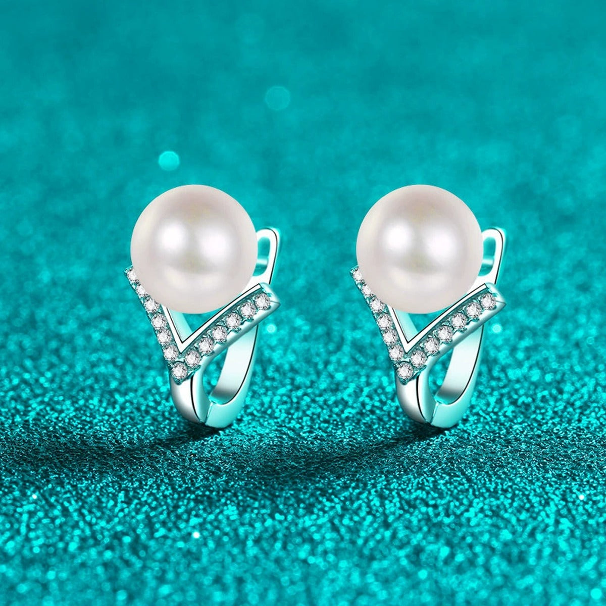 Pearl and Moissanite Huggie Hoop Earrings in Rhodium-Plated S925 sterling silver product scene view showing side profile