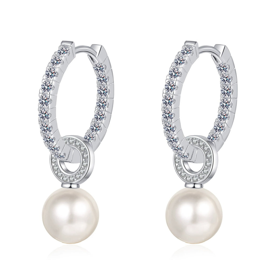 Pearl and Moissanite Hoop Drop Earrings in Rhodium-Plated S925 sterling silver white background product photo showing the pair, stone shape, and hoop drop earrings silhouette