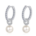 Pearl and Moissanite Hoop Drop Earrings in Rhodium-Plated S925 sterling silver white background product photo showing the pair, stone shape, and hoop drop earrings silhouette