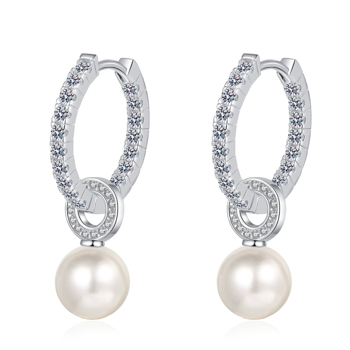 Pearl and Moissanite Hoop Drop Earrings in Rhodium-Plated S925 sterling silver white background product photo showing the pair, stone shape, and hoop drop earrings silhouette