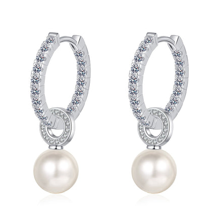 Pearl and Moissanite Hoop Drop Earrings in Rhodium-Plated S925 sterling silver white background product photo showing the pair, stone shape, and hoop drop earrings silhouette