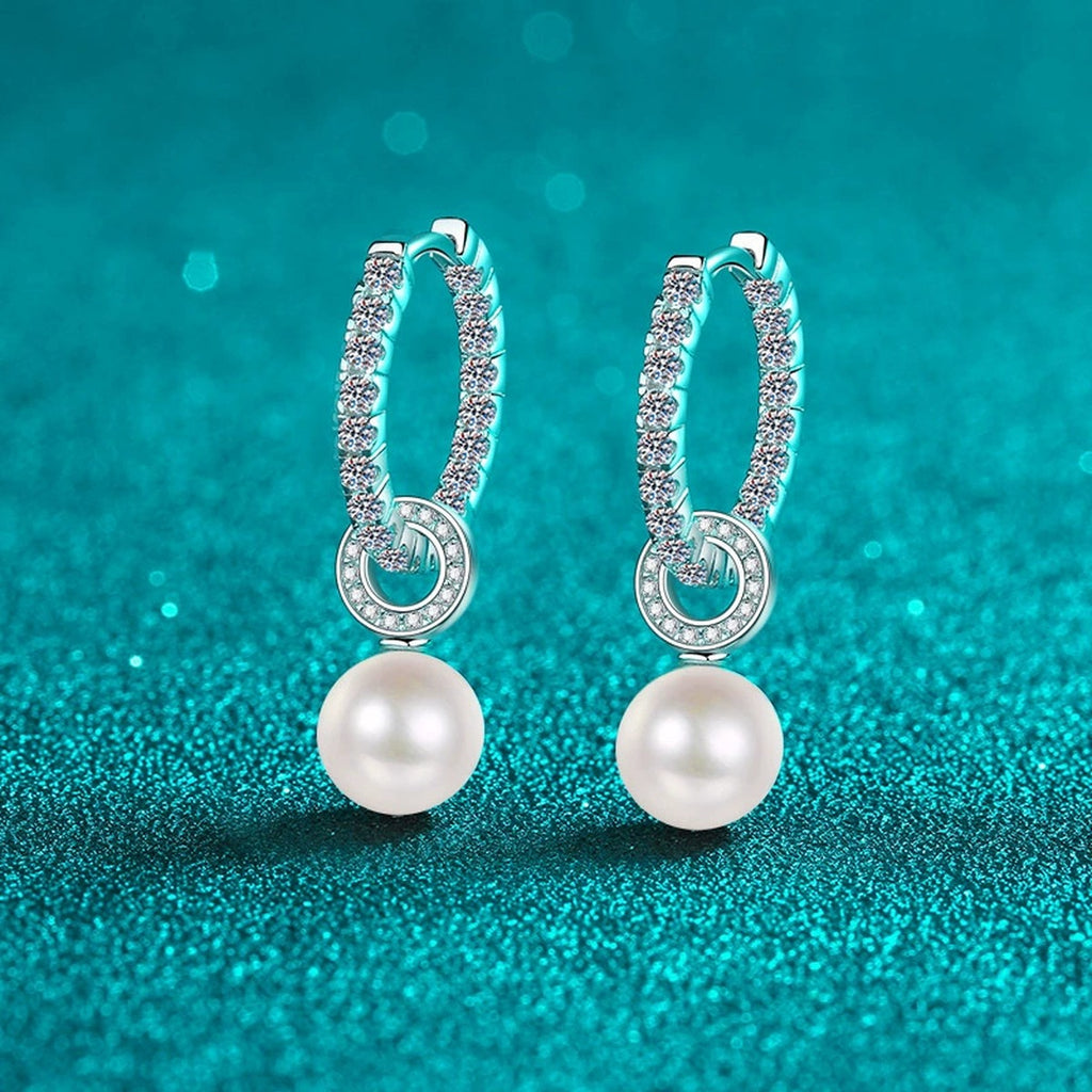 Pearl and Moissanite Hoop Drop Earrings in Rhodium-Plated S925 sterling silver product scene view showing front sparkle
