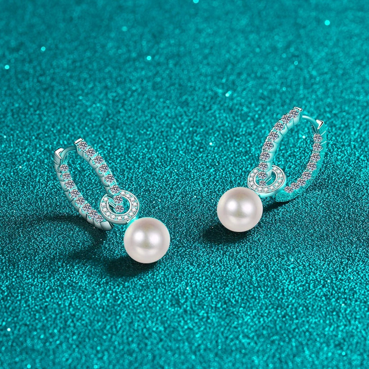Pearl and Moissanite Hoop Drop Earrings in Rhodium-Plated S925 sterling silver product scene view showing angled setting detail